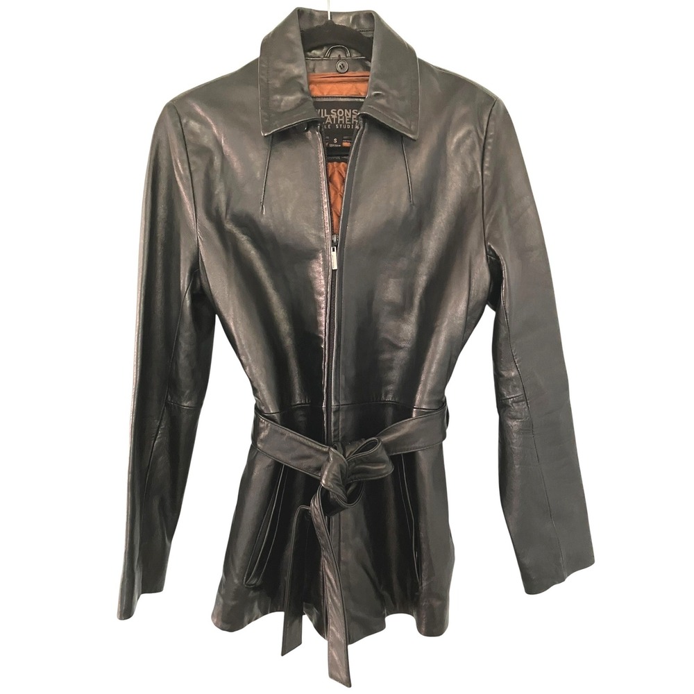 Wilsons Leather Women Jacket S Black Belted Zip Up Pelle Studio Coat